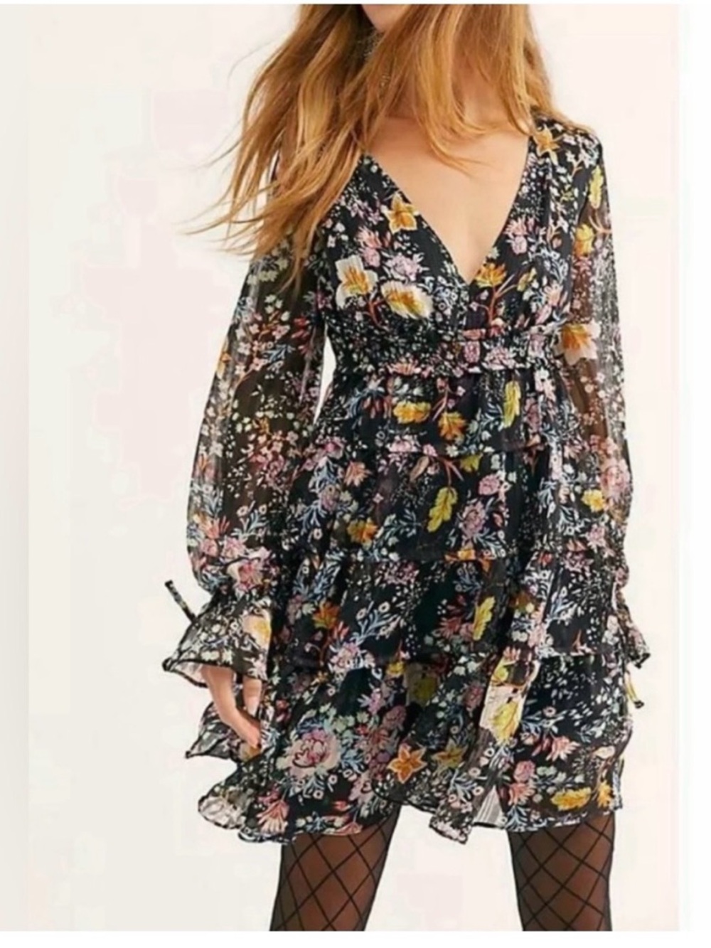 Free People Black Floral V-Neck Tiered Mini Dress